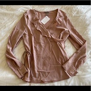 H&M Blush Pink Ruffle Trim Long Sleeve Wrap Blouse Size Small S Womens Top Shirt
